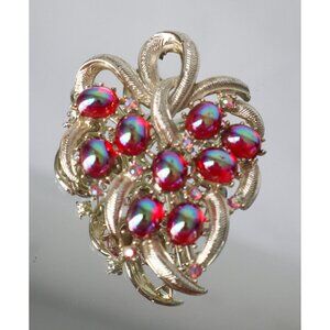 Vintage Coro Brooch Pin Mid Century Modern Red Glass Silver Tone Grannycore